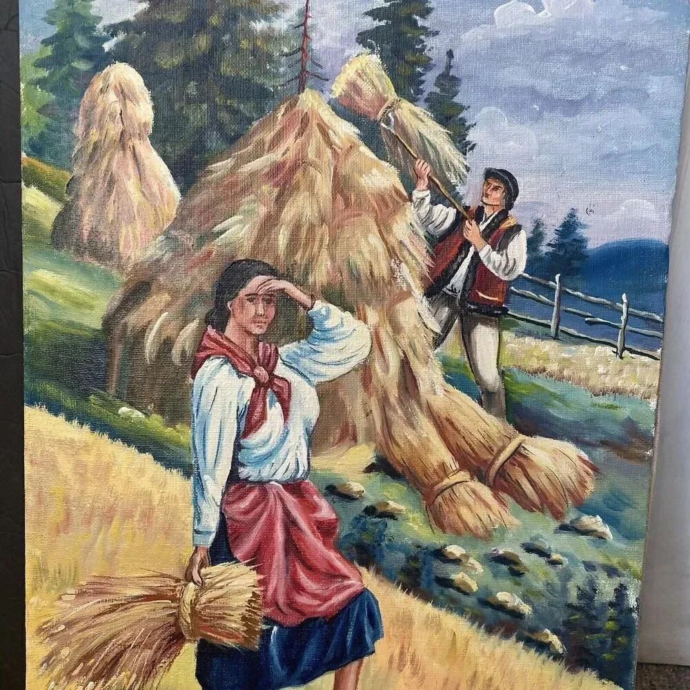 vintage oil painting On Canvas Signed Couple On Rice Field Collecting Hays Farm - Picture 4 of 6